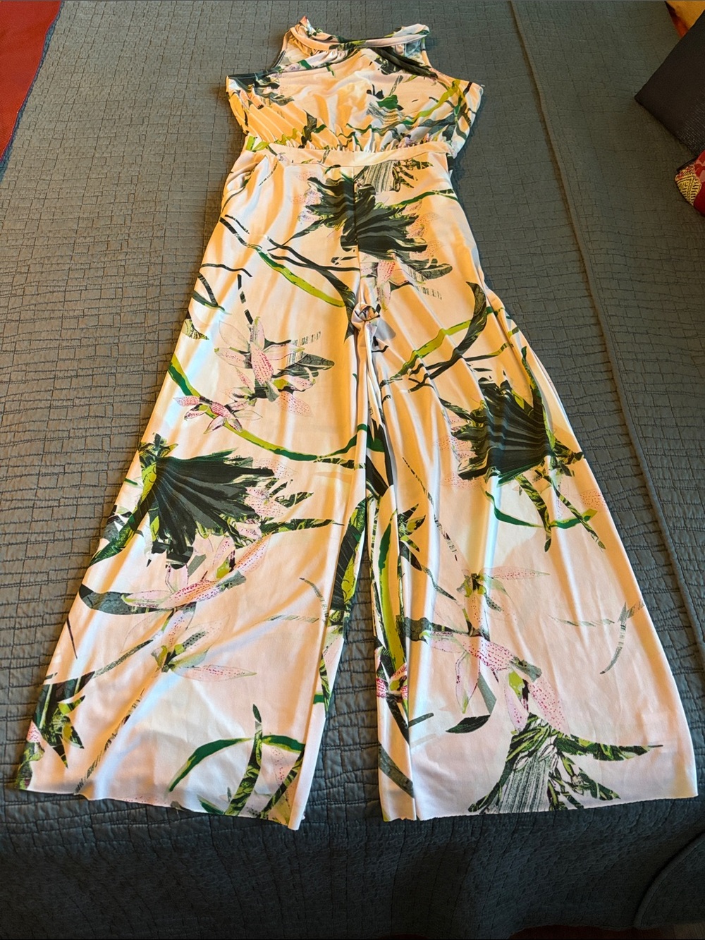 New York & Company Floral Wide-Leg Jumpsuit in NYC Pale pink and Green floral